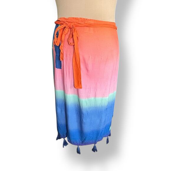 Farm Rio Tropical Toucan Sarong Skirt Tassel Hem Ombre Sunset Wrap Fringe Size P - Picture 3 of 12